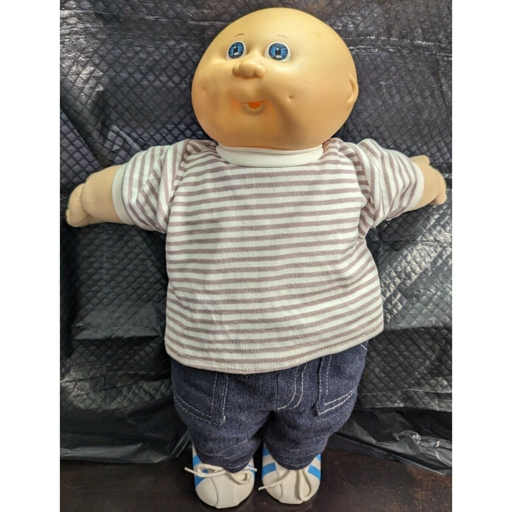Vintage 1982 Cabbage Patch Kids Baby Doll Denim Jeans Shirt Shoes Bald Blue Eyes